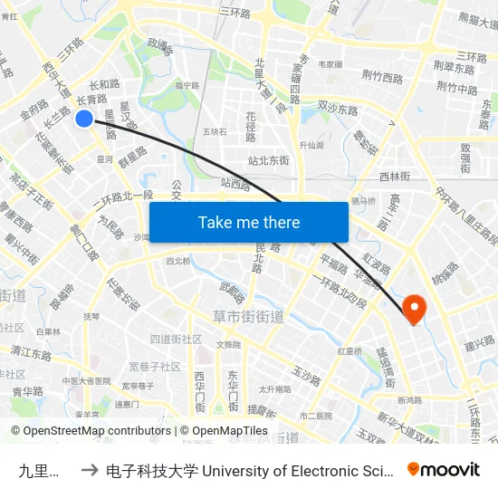 九里堤公交站 to 电子科技大学 University of Electronic Science and Technology of China map