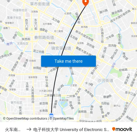 火车南站东路东站 to 电子科技大学 University of Electronic Science and Technology of China map