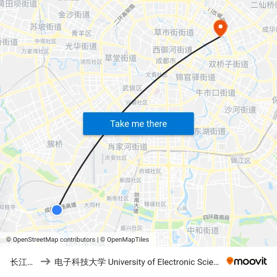 长江路二段 to 电子科技大学 University of Electronic Science and Technology of China map