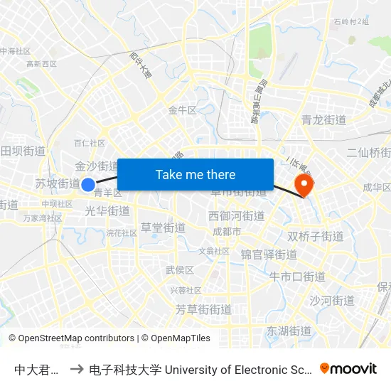 中大君悦金沙站 to 电子科技大学 University of Electronic Science and Technology of China map