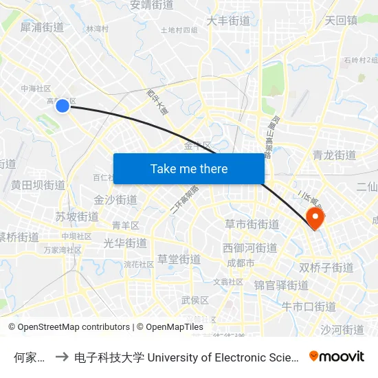 何家二队站 to 电子科技大学 University of Electronic Science and Technology of China map