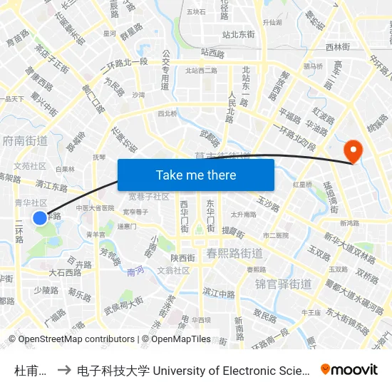 杜甫草堂站 to 电子科技大学 University of Electronic Science and Technology of China map