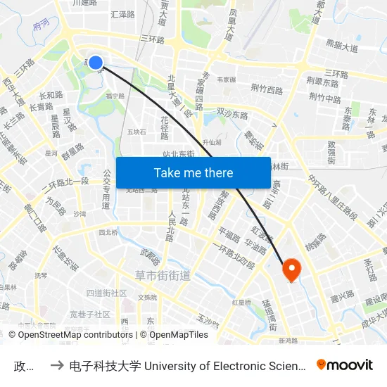 政通路站 to 电子科技大学 University of Electronic Science and Technology of China map