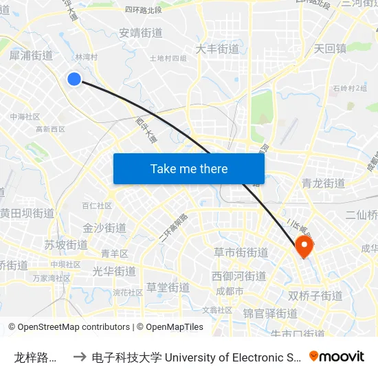 龙梓路龙吟路口站 to 电子科技大学 University of Electronic Science and Technology of China map