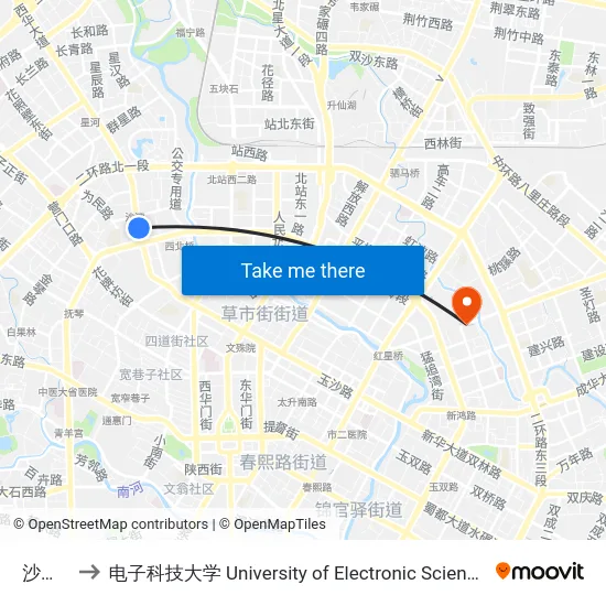 沙湾路站 to 电子科技大学 University of Electronic Science and Technology of China map