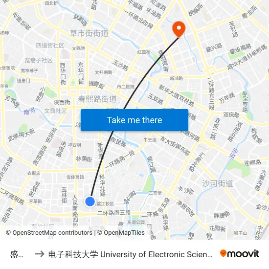 盛隆街站 to 电子科技大学 University of Electronic Science and Technology of China map