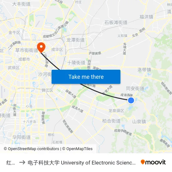 红砂村 to 电子科技大学 University of Electronic Science and Technology of China map