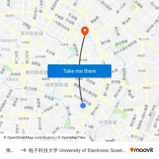 海椒市站 to 电子科技大学 University of Electronic Science and Technology of China map