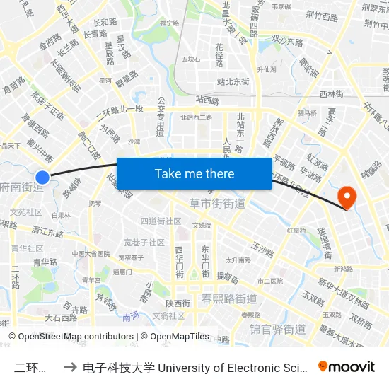 二环磨底河站 to 电子科技大学 University of Electronic Science and Technology of China map