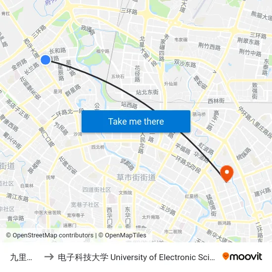 九里堤公交站 to 电子科技大学 University of Electronic Science and Technology of China map