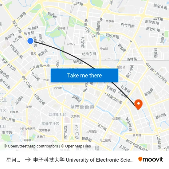 星河路西站 to 电子科技大学 University of Electronic Science and Technology of China map