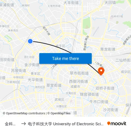 金科南二路站 to 电子科技大学 University of Electronic Science and Technology of China map