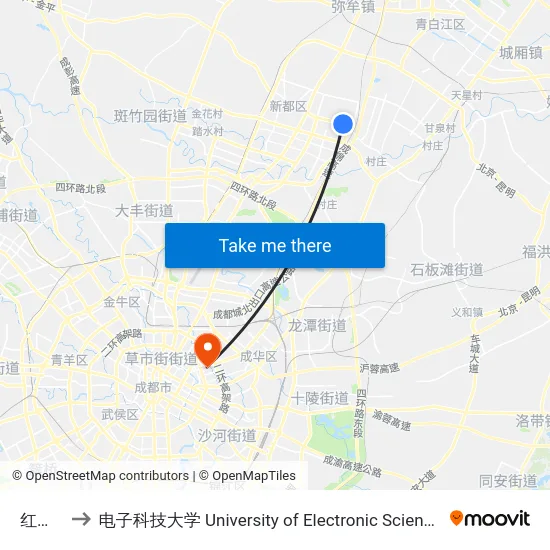 红星小区 to 电子科技大学 University of Electronic Science and Technology of China map