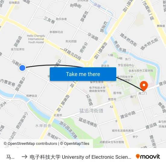 马鞍西路 to 电子科技大学 University of Electronic Science and Technology of China map