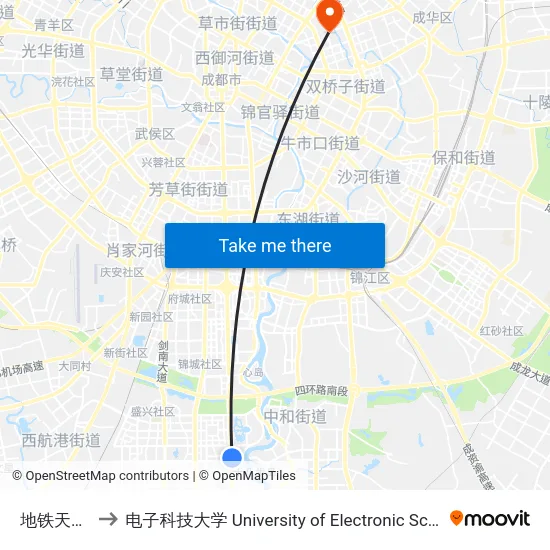 地铁天府三街站 to 电子科技大学 University of Electronic Science and Technology of China map