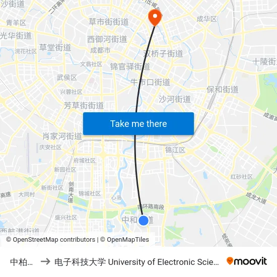 中柏大道北 to 电子科技大学 University of Electronic Science and Technology of China map