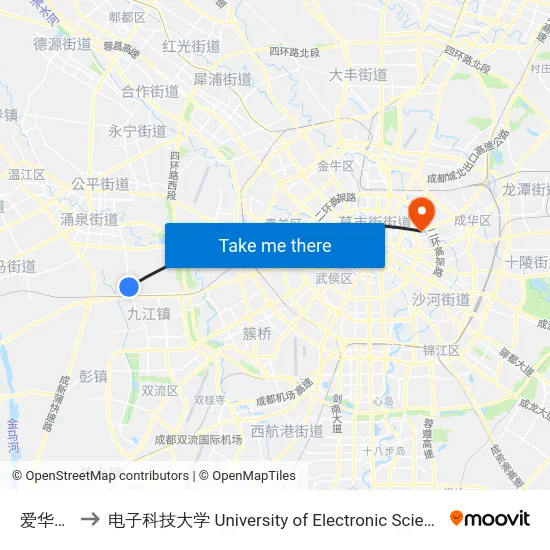爱华学院站 to 电子科技大学 University of Electronic Science and Technology of China map