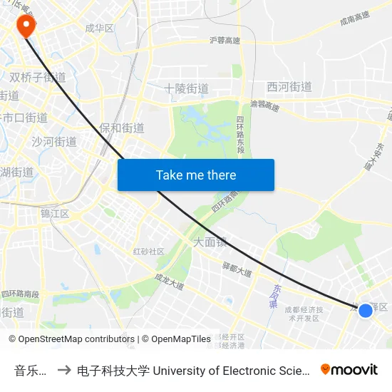 音乐广场站 to 电子科技大学 University of Electronic Science and Technology of China map