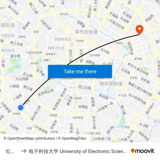 红牌楼站 to 电子科技大学 University of Electronic Science and Technology of China map