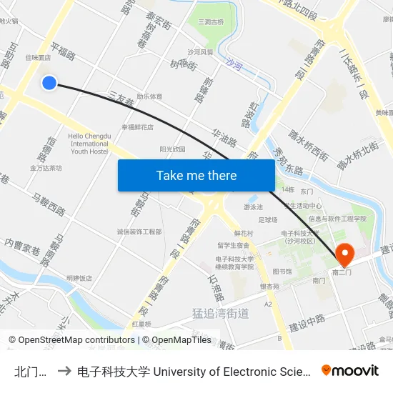 北门汽车站 to 电子科技大学 University of Electronic Science and Technology of China map