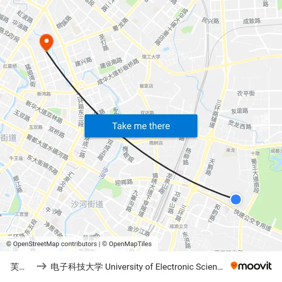 芙蓉社区 to 电子科技大学 University of Electronic Science and Technology of China map