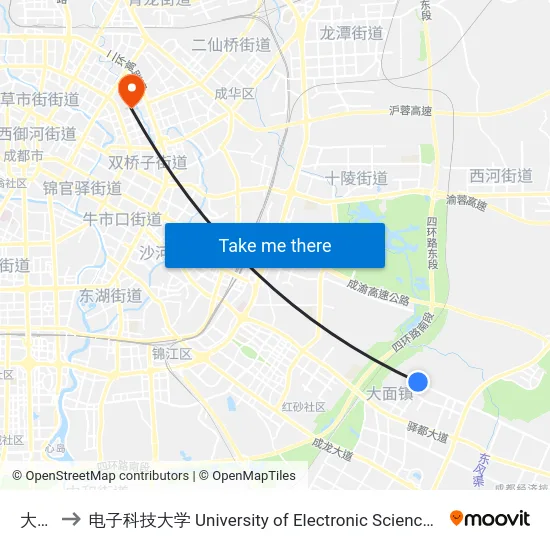 大面铺 to 电子科技大学 University of Electronic Science and Technology of China map
