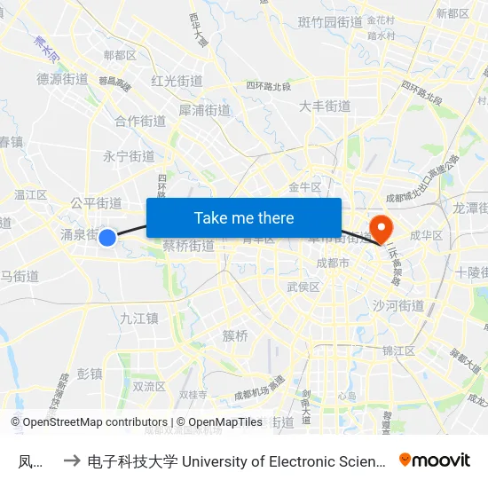 凤凰大街 to 电子科技大学 University of Electronic Science and Technology of China map
