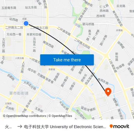 火车北站 to 电子科技大学 University of Electronic Science and Technology of China map