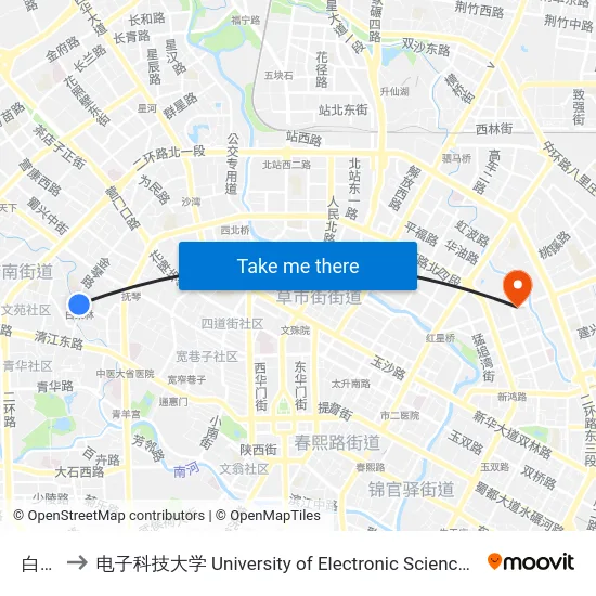 白果林 to 电子科技大学 University of Electronic Science and Technology of China map