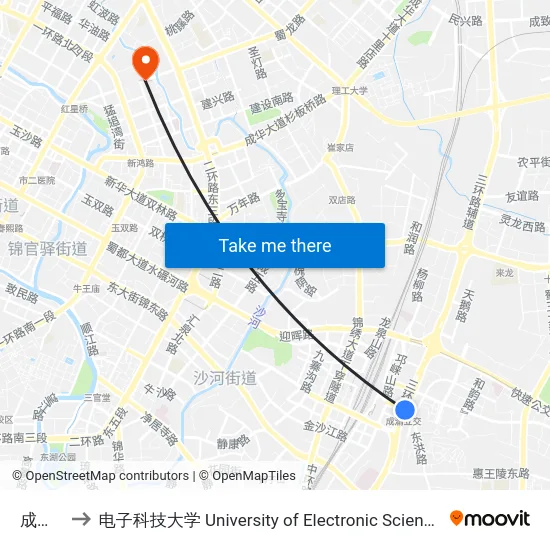 成渝立交 to 电子科技大学 University of Electronic Science and Technology of China map