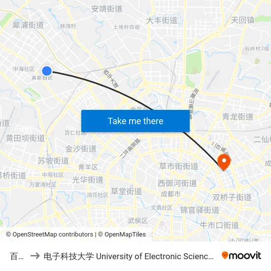百草路 to 电子科技大学 University of Electronic Science and Technology of China map