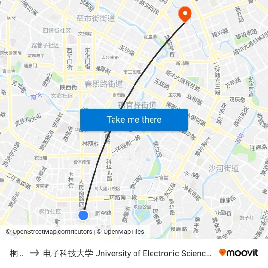 桐梓林 to 电子科技大学 University of Electronic Science and Technology of China map