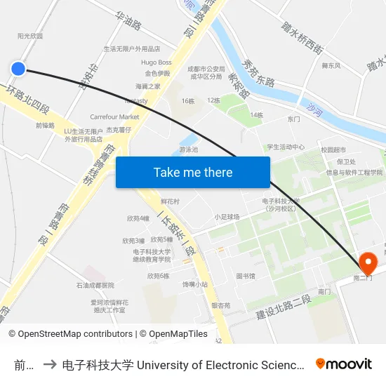 前锋路 to 电子科技大学 University of Electronic Science and Technology of China map