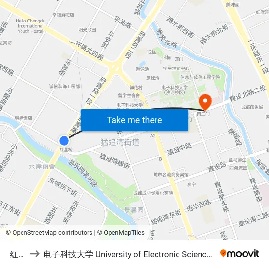 红星桥 to 电子科技大学 University of Electronic Science and Technology of China map