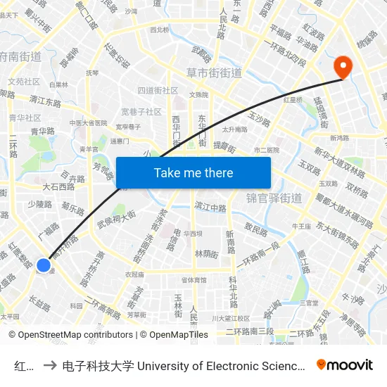红牌楼 to 电子科技大学 University of Electronic Science and Technology of China map