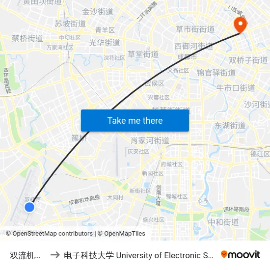 双流机场2航站楼 to 电子科技大学 University of Electronic Science and Technology of China map