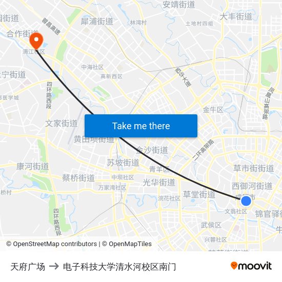 天府广场 to 电子科技大学清水河校区南门 map