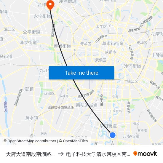 天府大道南段南湖路口 to 电子科技大学清水河校区南门 map