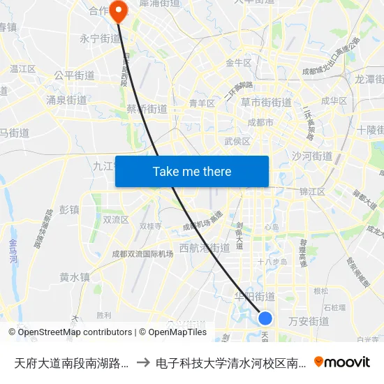 天府大道南段南湖路口 to 电子科技大学清水河校区南门 map