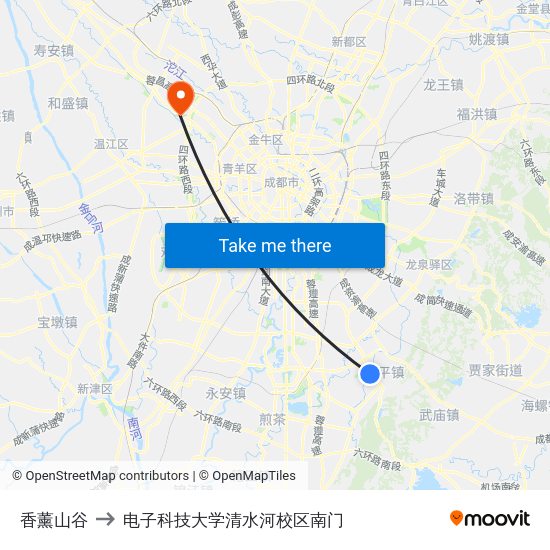 香薰山谷 to 电子科技大学清水河校区南门 map