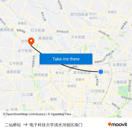 二仙桥站 to 电子科技大学清水河校区南门 map
