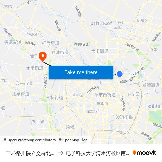 三环路川陕立交桥北站 to 电子科技大学清水河校区南门 map