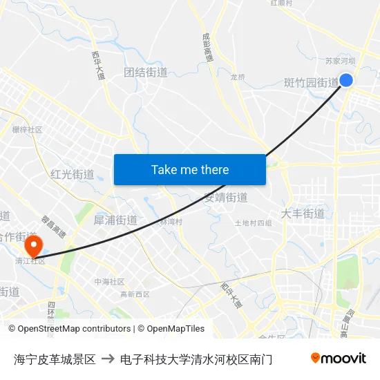 海宁皮革城景区 to 电子科技大学清水河校区南门 map