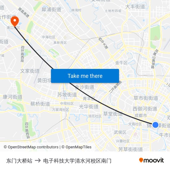 东门大桥站 to 电子科技大学清水河校区南门 map