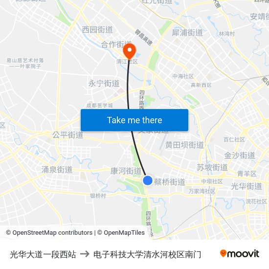 光华大道一段西站 to 电子科技大学清水河校区南门 map