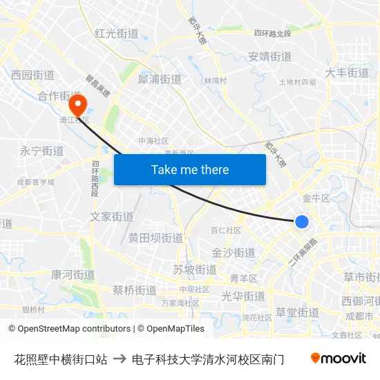 花照壁中横街口站 to 电子科技大学清水河校区南门 map