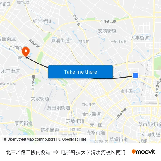 北三环路二段内侧站 to 电子科技大学清水河校区南门 map