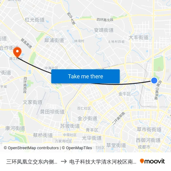 三环凤凰立交东内侧站 to 电子科技大学清水河校区南门 map