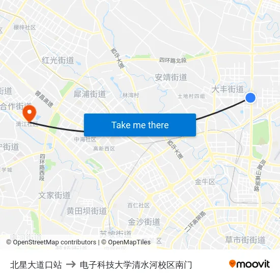 北星大道口站 to 电子科技大学清水河校区南门 map