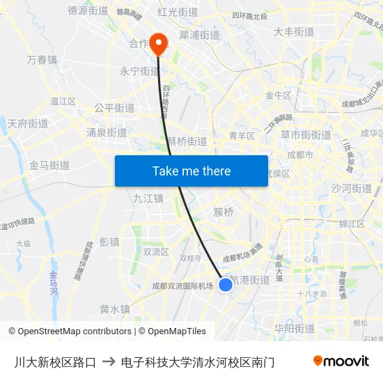 川大新校区路口 to 电子科技大学清水河校区南门 map